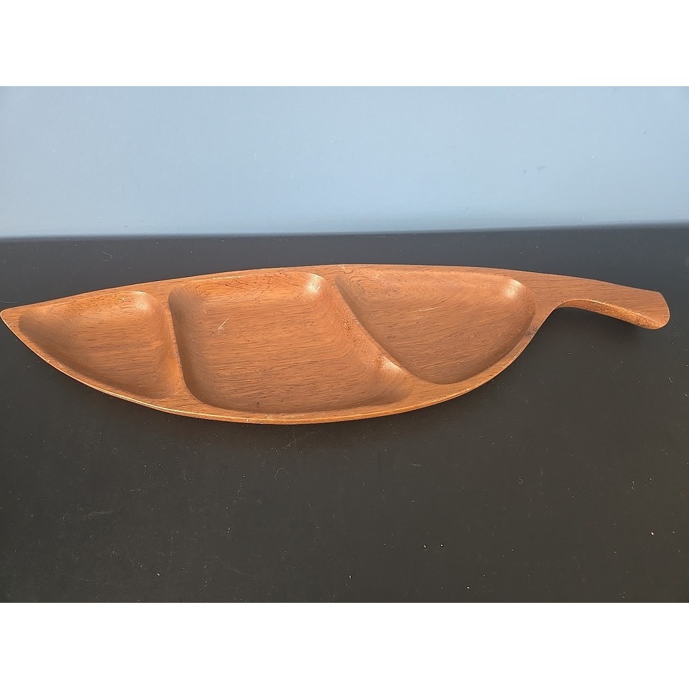 Vintage Wood Mid Century Modern Leaf Divided Dish Tray 3 Section Large 18" Japan